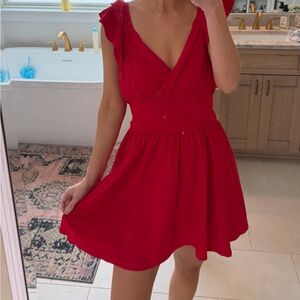 Amazon Red V-Neck Flutter Sleeve Midi Dress